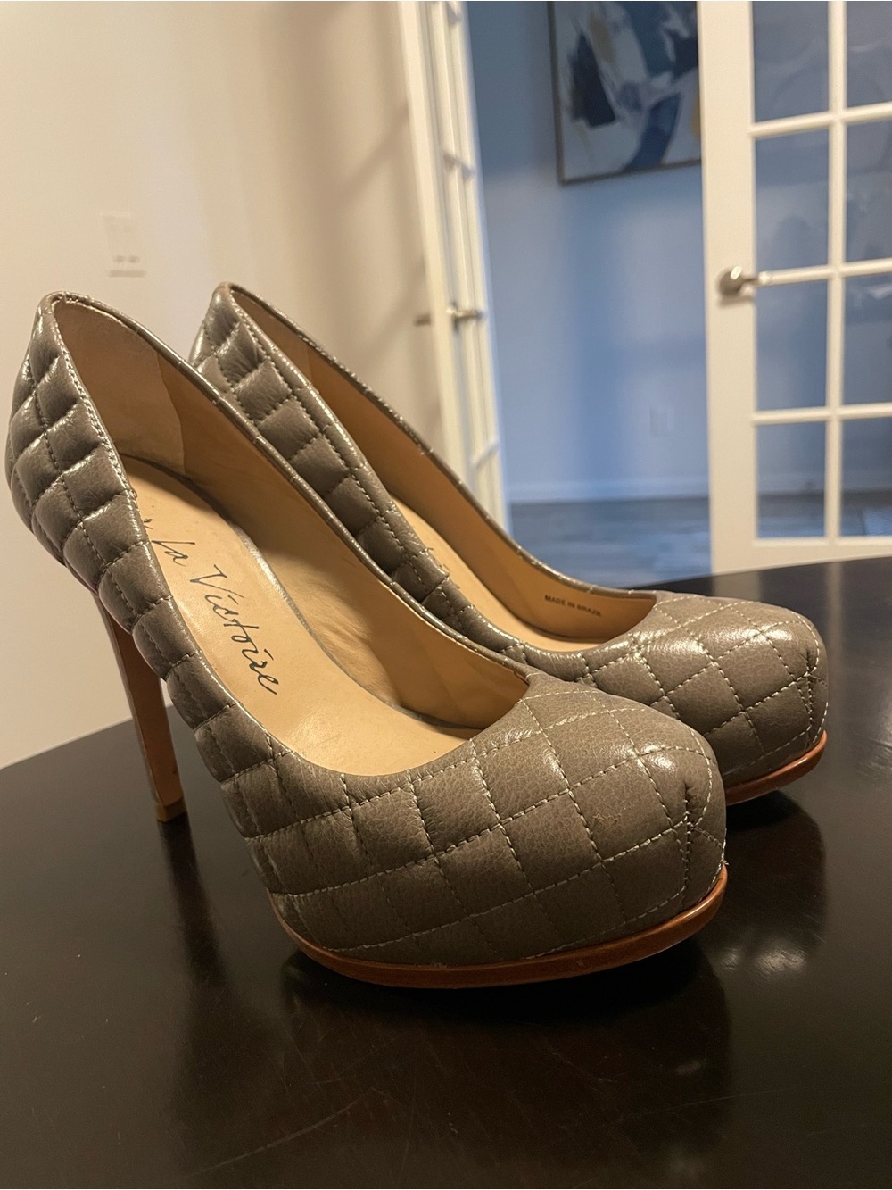 Pour La Victoire Quilted Grey Platform Pumps